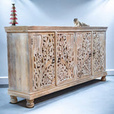 Handmade Carved Indian Mango Wood 4 Doors Sideboard White
